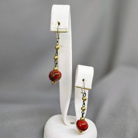 Red Ceramic Beaded Earrings, w/ Flower Design, & gold tone accent beads - 2" - Picture 3 of 7